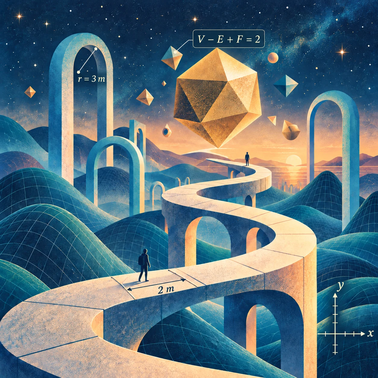 An illustrated world of arches, winding paths and geometric inventions, annotated with measurements, coordinate axes and Euler’s formula.